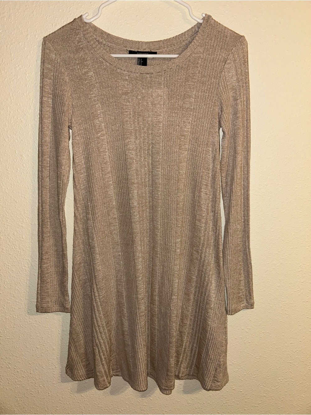 Forever 21 Beige Heathered Ribbed Knit Long Sleeve Skater Dress Size Small NWT